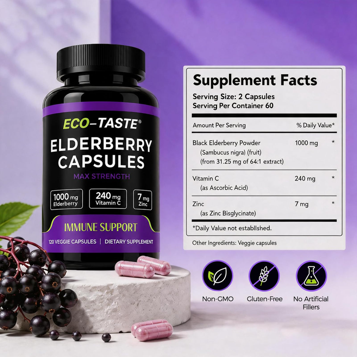 ECO-TASTE Black Elderberry Capsules with Zinc & Vitamin C - 120 Count - image 3