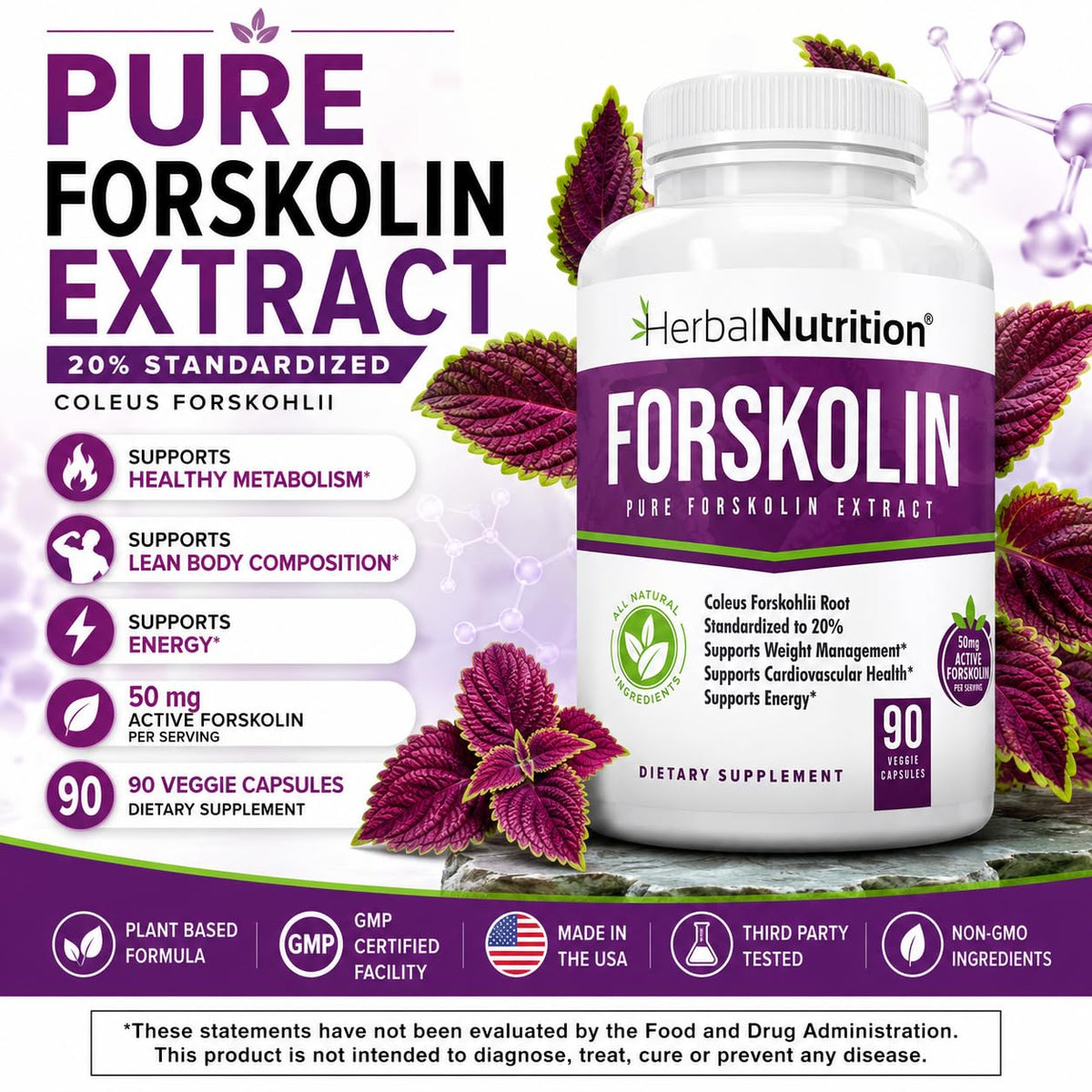 Herbal Nutrition Forskolin Extract 250mg-500mg Max Strength - 180 Capsules - image 2