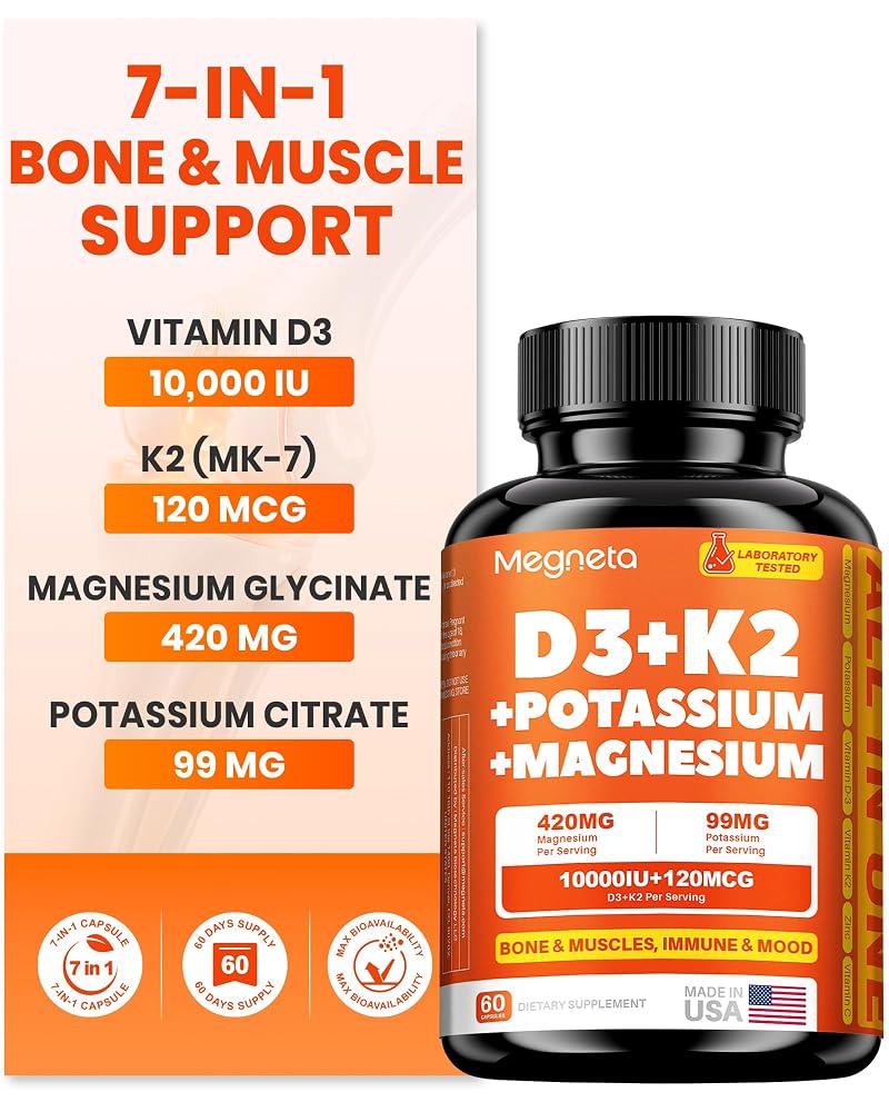MEGNETA Vitamin D3 K2 MK-7 10000 IU with Magnesium - 60 Capsules