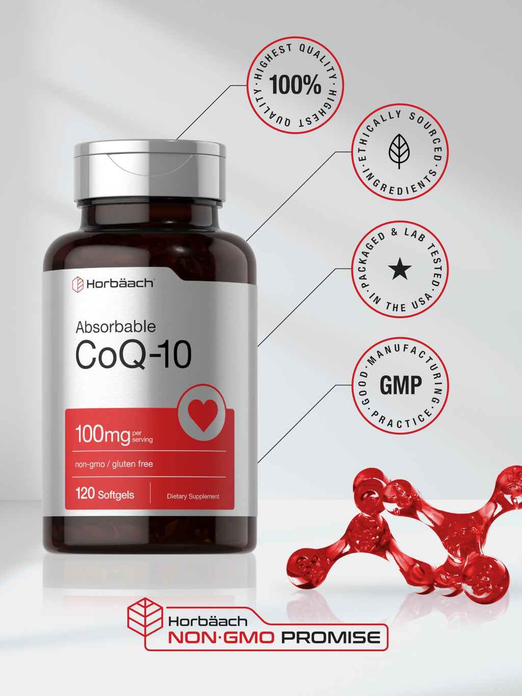Horbäach CoQ10 100mg Antioxidant - 120 Softgels - image 6