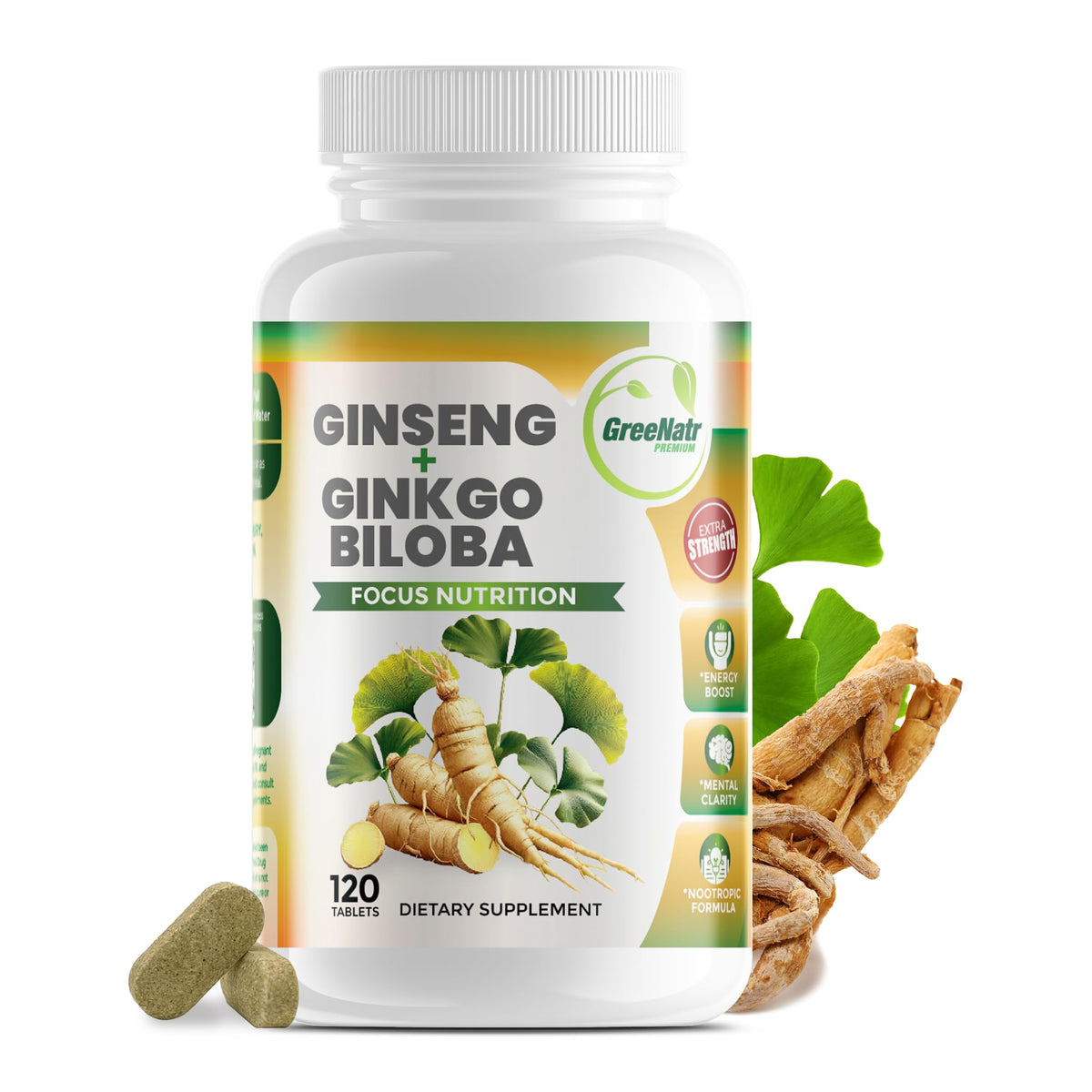 GreeNatr Ginkgo Biloba & Panax Ginseng Brain Supplement - 120 Tablets