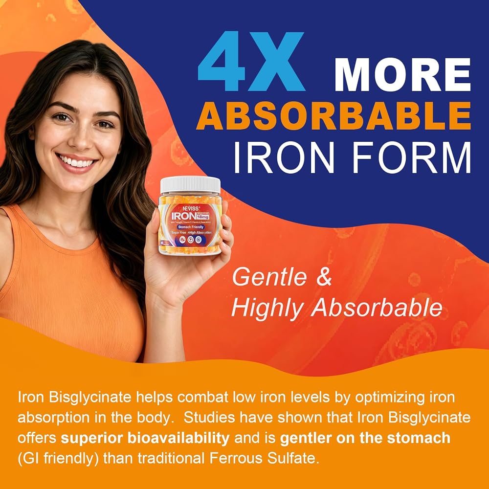 NEVISS Iron Gummies Supplement with Vitamin C, B12, Folate & Turmeric