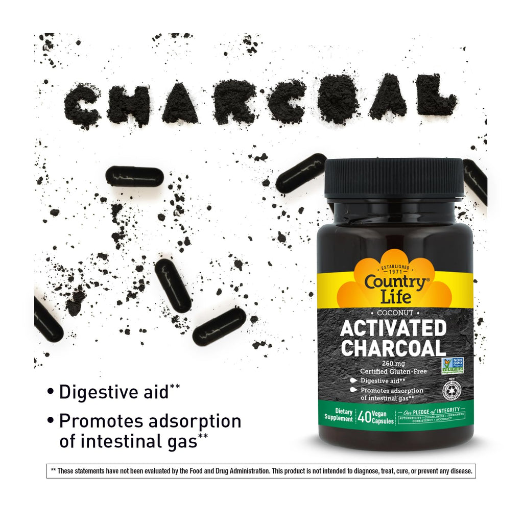 Country Life Coconut Activated Charcoal 260 mg - 40 Vegan Capsules - image 2
