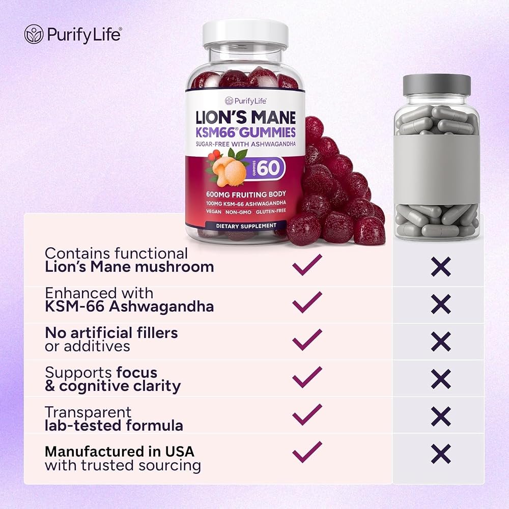 Purify Life Lions Mane Gummies with KSM-66 Ashwagandha - 60 Count - image 3