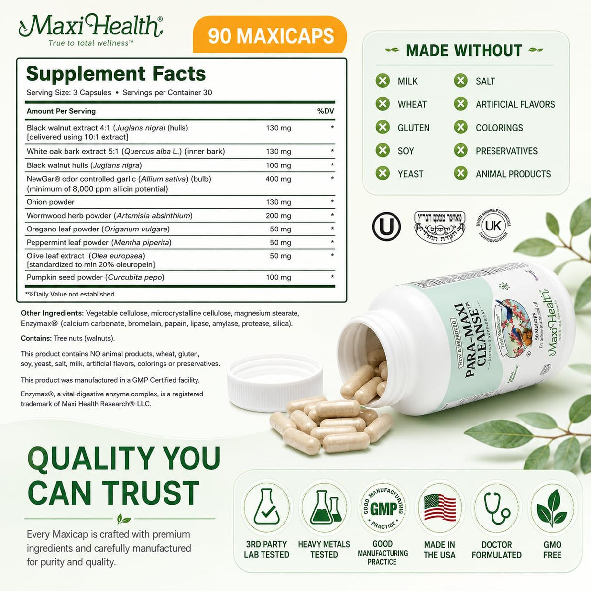 Maxi Health Wormwood Black Walnut Clove Complex 1340mg - 90 Capsules - image 5