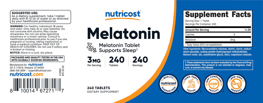 Nutricost Melatonin 3mg Sleep Support - 240 Tablets - image 6