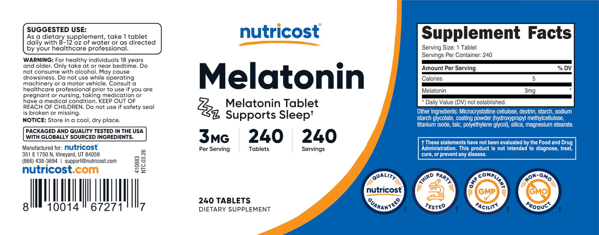 Nutricost Melatonin 3mg Sleep Support - 240 Tablets - image 6