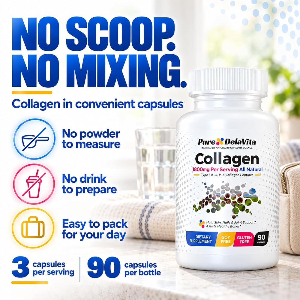 Pure DelaVita Multi Collagen 1800mg, 5 Types - 90 Capsules - image 4