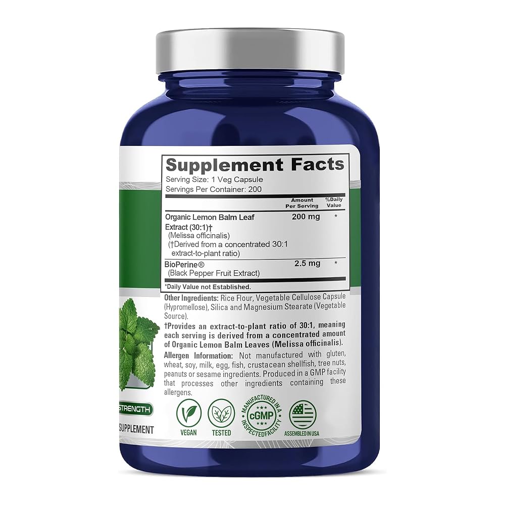 NusaPure Lemon Balm 200mg Vegan - 200 Vegetarian Capsules - image 2