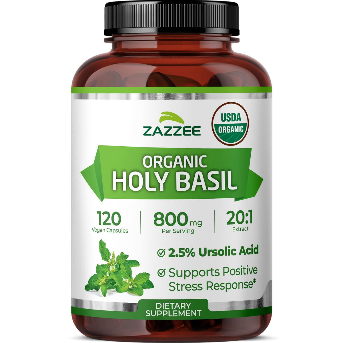 Zazzee USDA Organic Tulsi Holy Basil 20:1 Extract - 120 Capsules