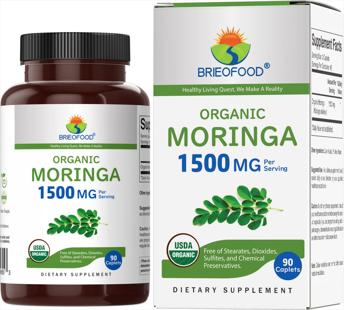 Brieofood Organic Moringa 1500mg - 90 Vegetarian Tablets