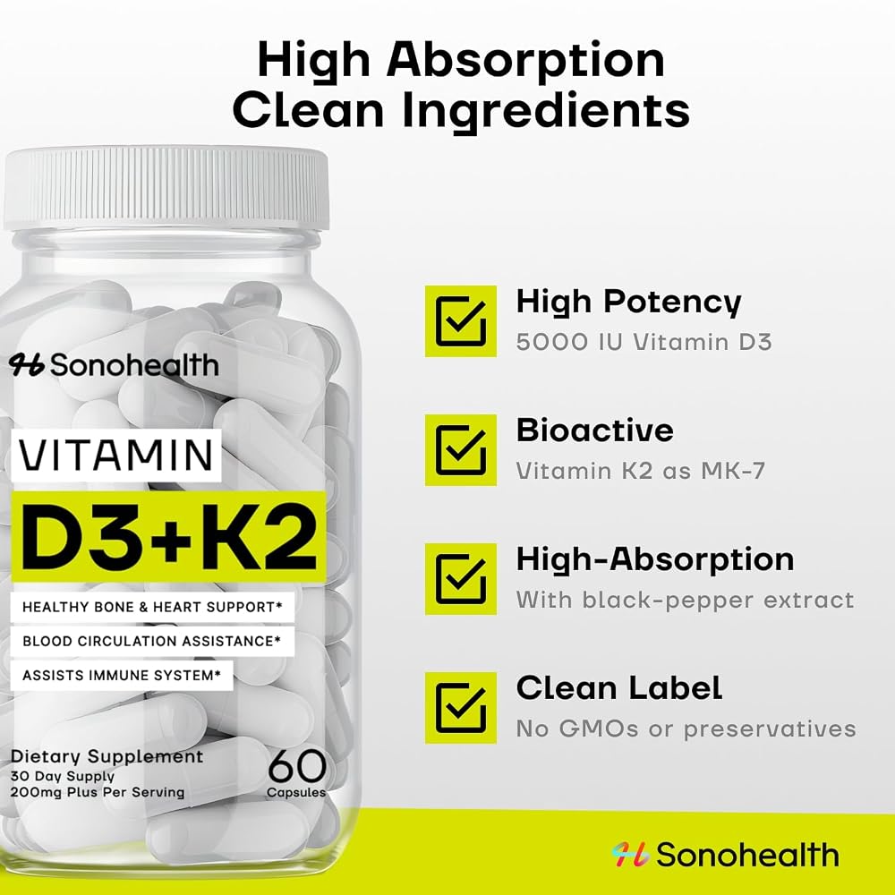 SonoHealth Vitamin D3 + K2 with BioPerine - 60 Capsules - image 3
