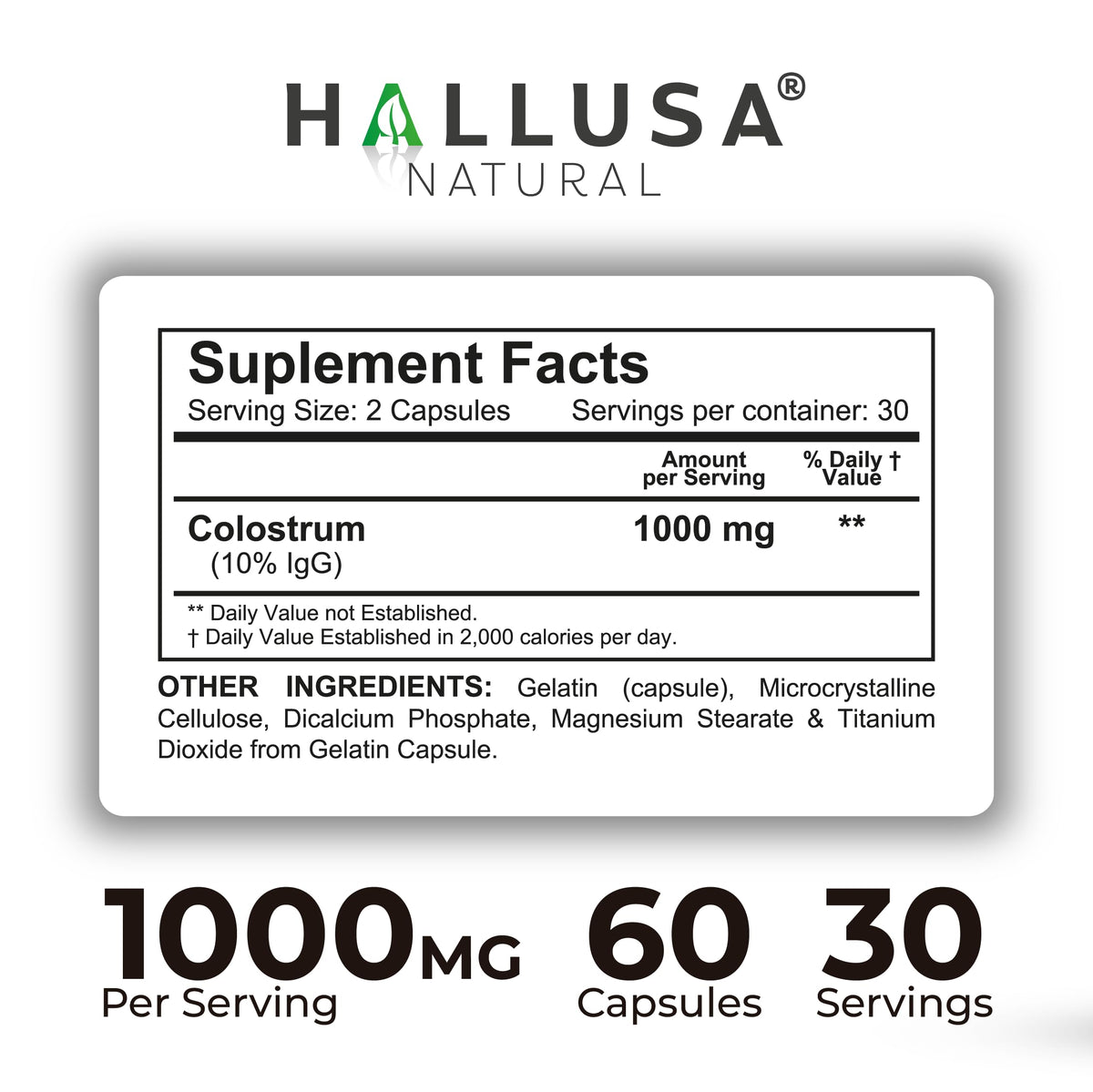 Hallusa Natural Bovine Colostrum 1000mg Immune Support - 60 Capsules - image 3