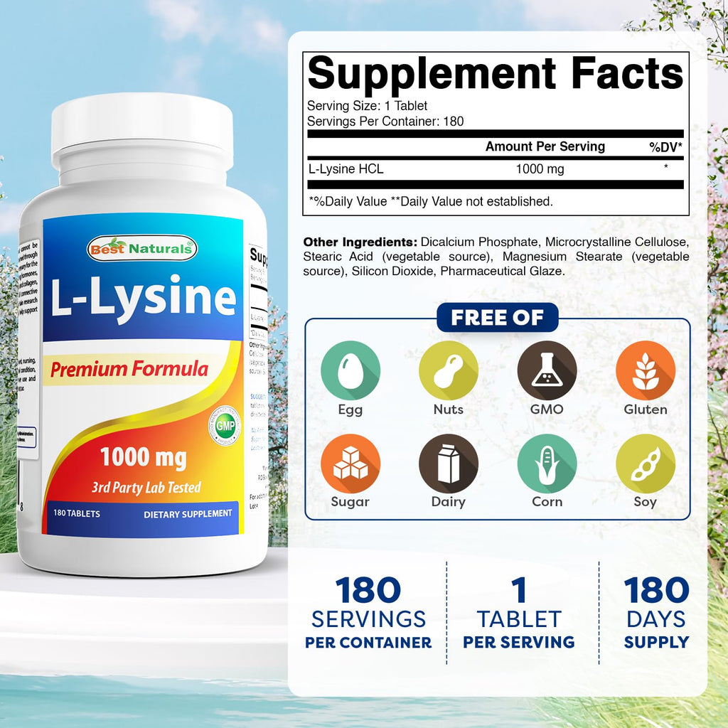 Best Naturals L-Lysine 1000mg 180 Tablets (180 Count (Pack of 1))