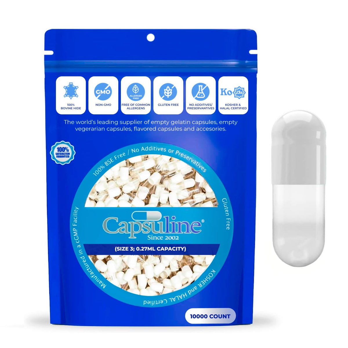 Capsuline Colored Size 3 Empty Gelatin Capsules White/Clear