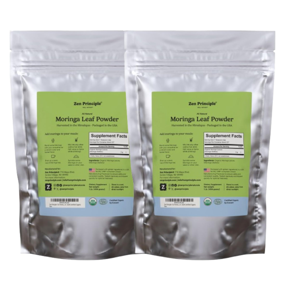 Zen Principle Organic Moringa Oleifera Leaf Powder - 2 Pack