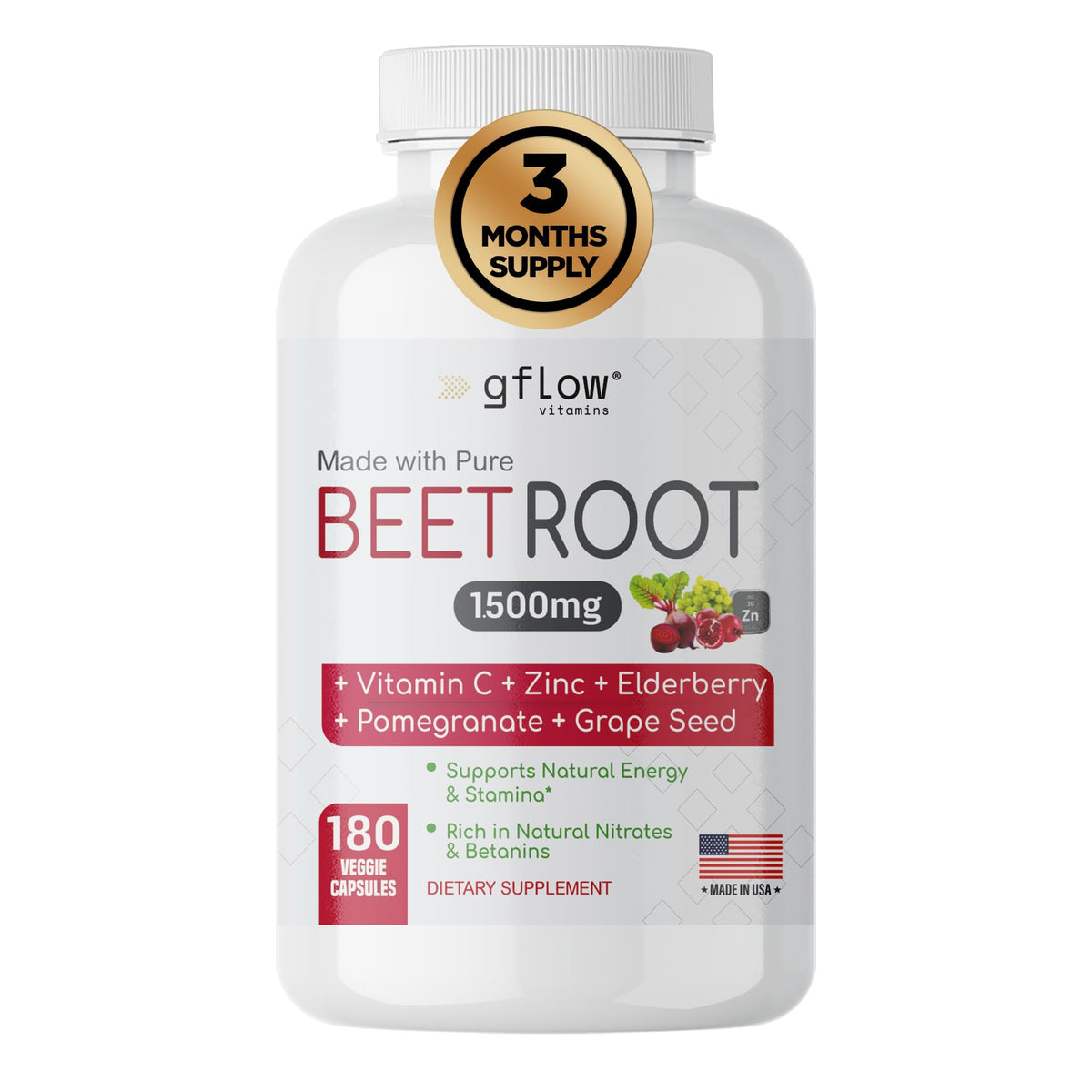gflow vitamins Beet Root Capsules Organic Heart Health - 180 Vegetarian Capsules