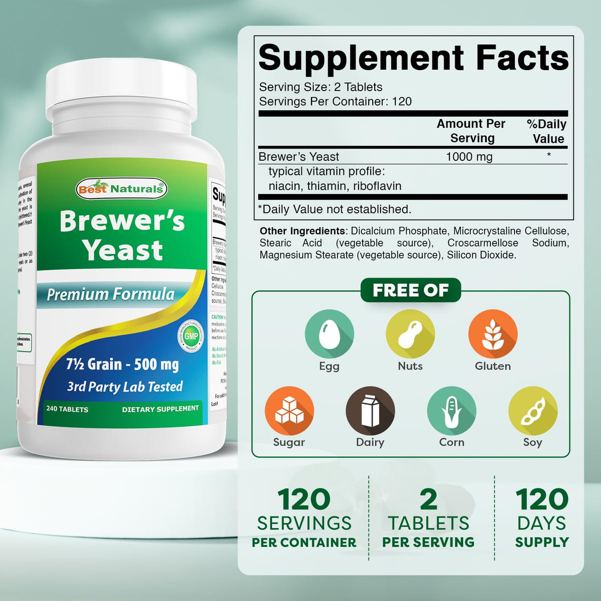 Best Naturals Brewers Yeast 500 mg - 480 Tablets - image 2