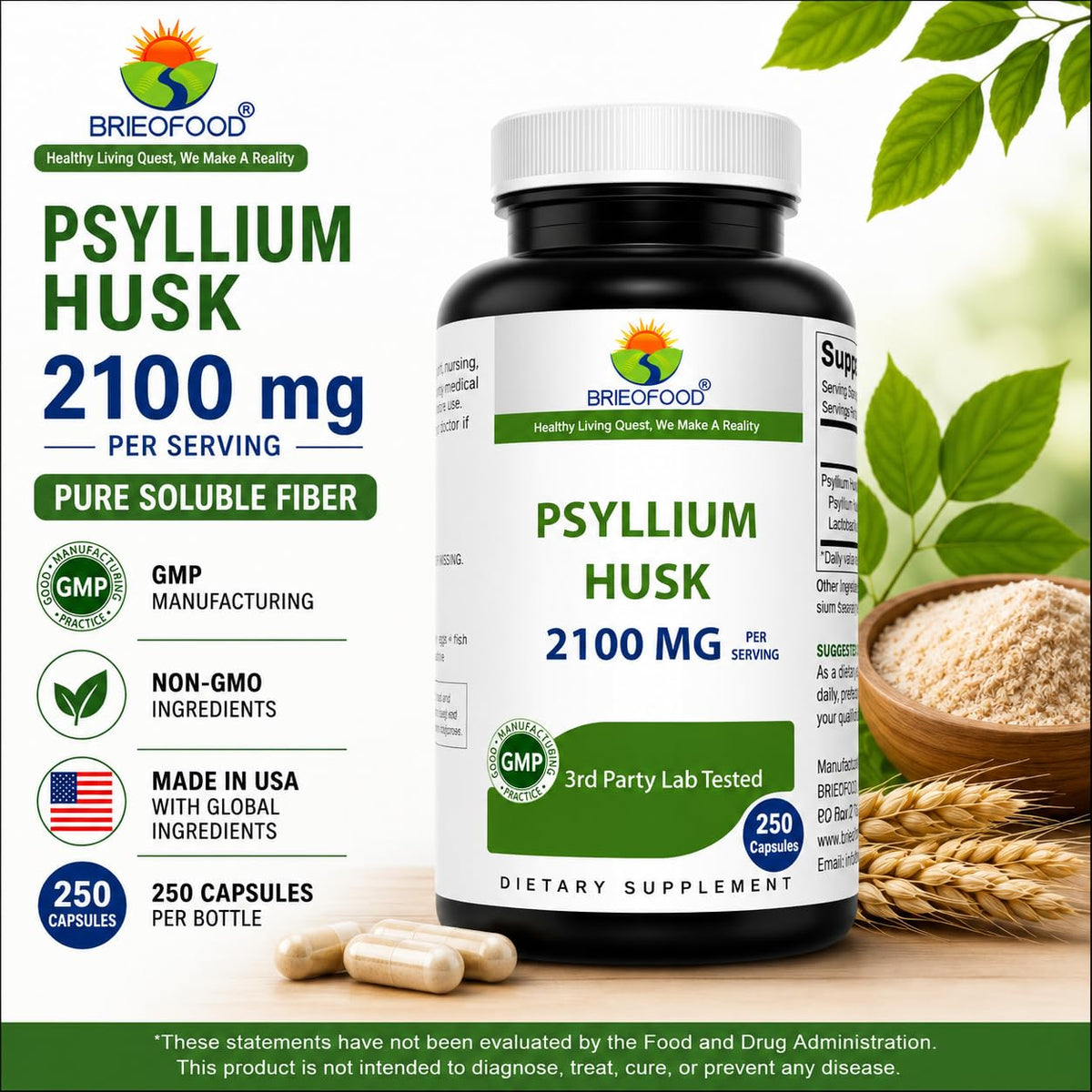 Brieofood Psyllium Husk Fiber with Acidophilus - 250 Capsules - image 5