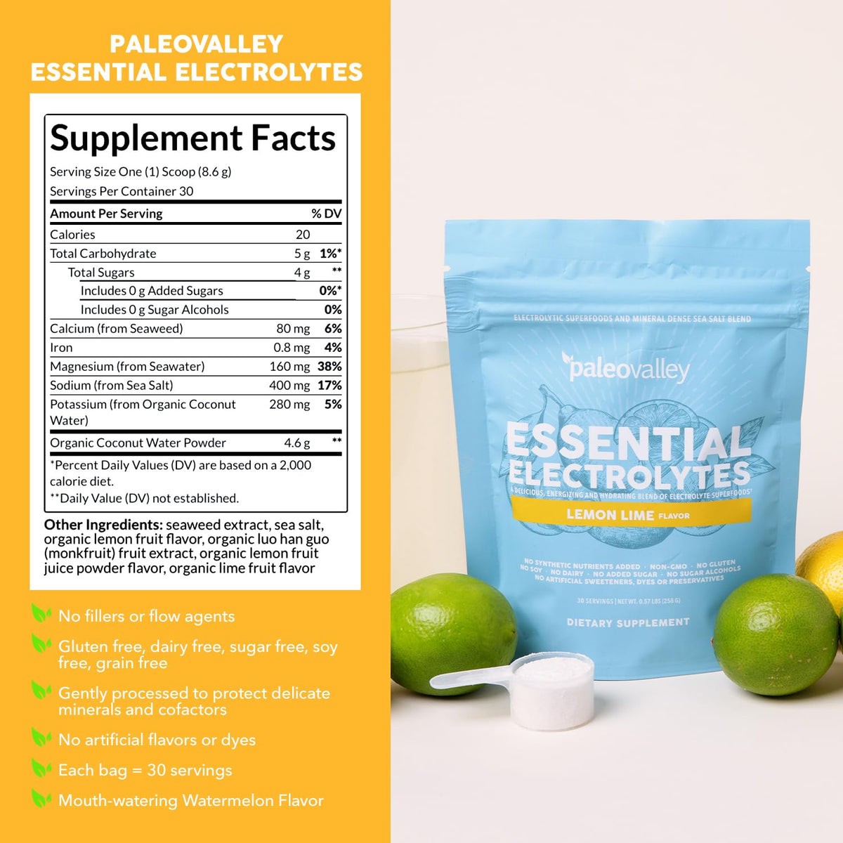 Paleovalley Essential Electrolytes Powder - Full Spectrum Lemon Lime