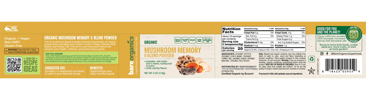 BareOrganics Mushroom Memory Blend Powder - 4 oz - image 2