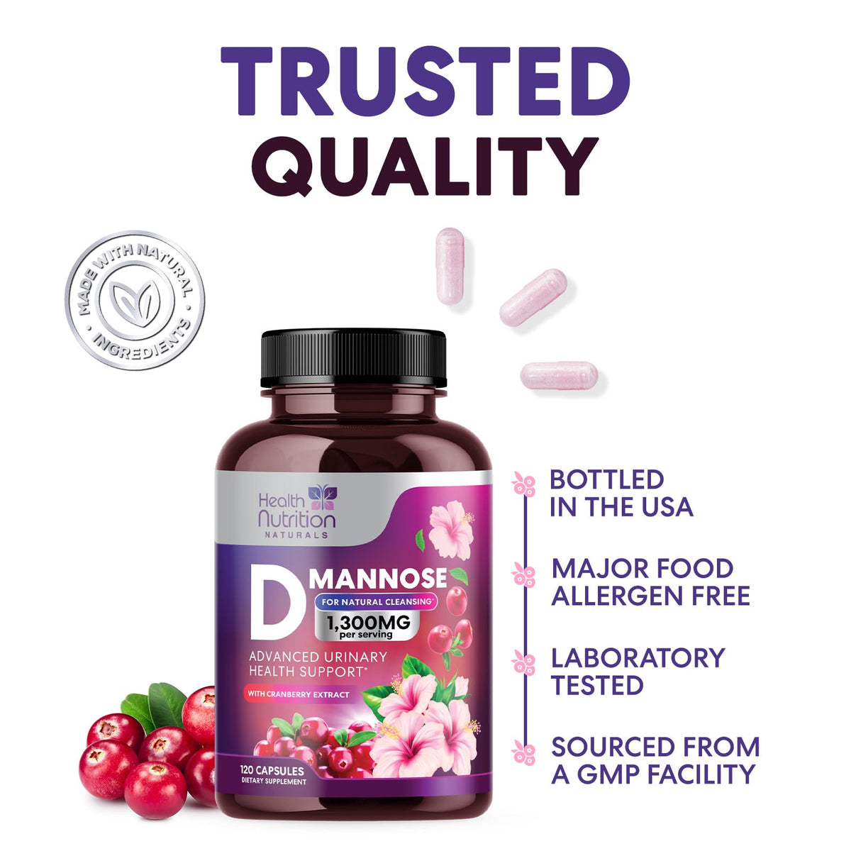 Health Nutrition Naturals D-Mannose 1300mg - Fast-Acting Organic D
