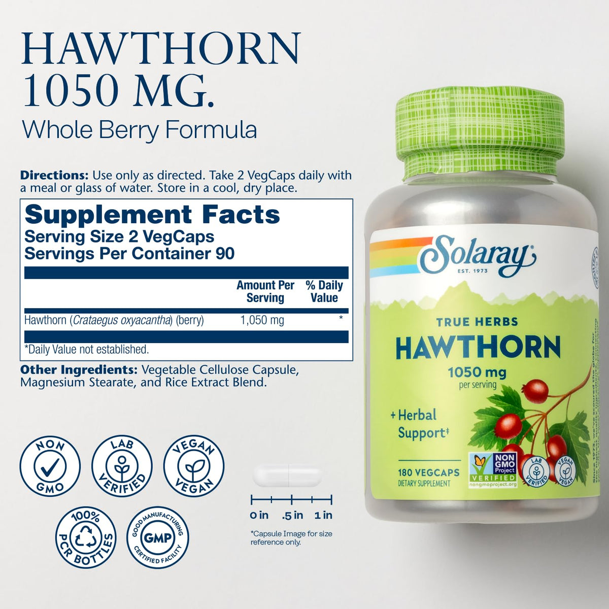 SOLARAY Hawthorn Berry 1050 mg Herbal Support - 180 Vegetarian Capsules - image 2