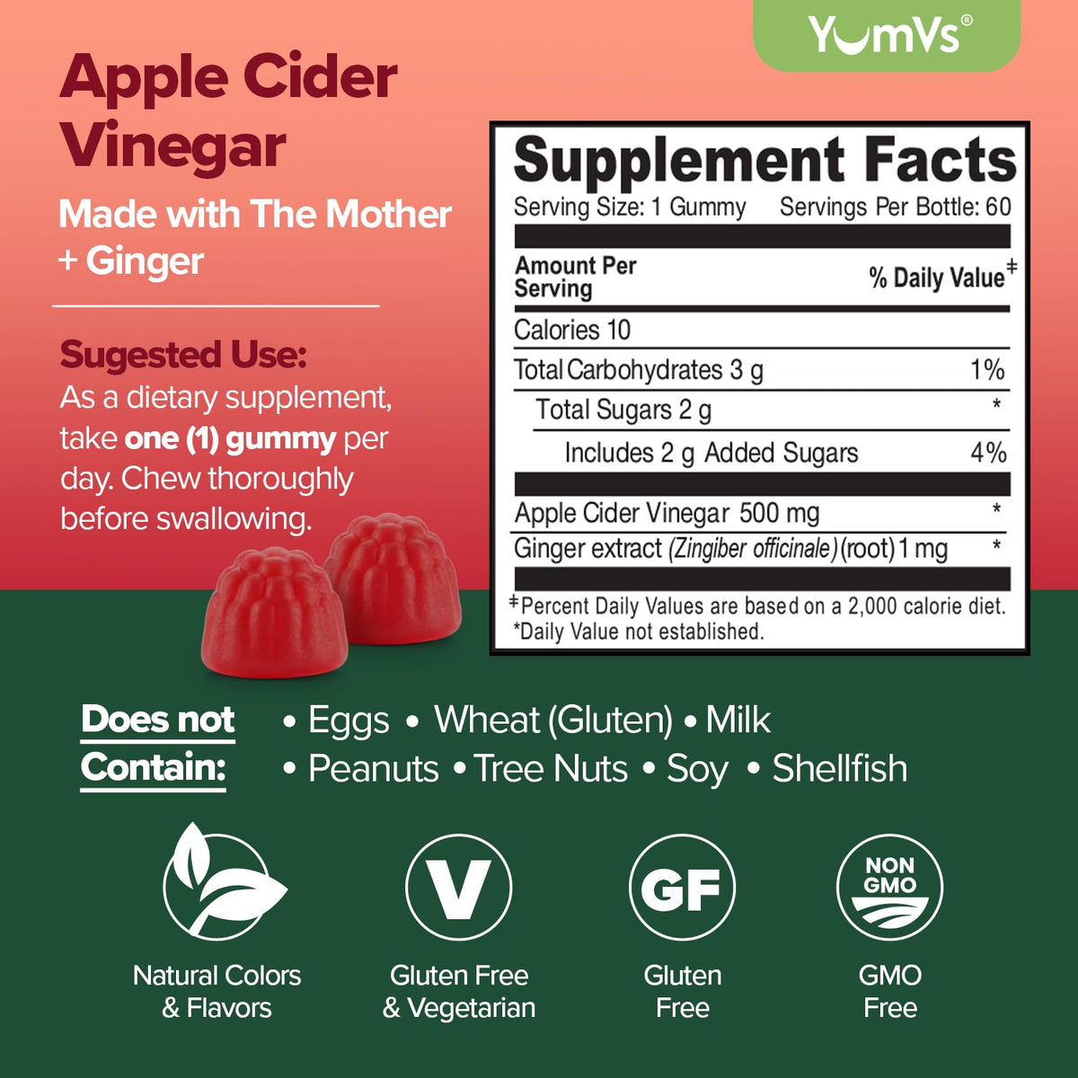 YUM-V'S Apple Cider Vinegar Gummies with Ginger - 60 Count - image 2
