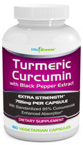 VitaBreeze Turmeric Curcumin Supplement with Black Pepper Extract - 180 Capsules