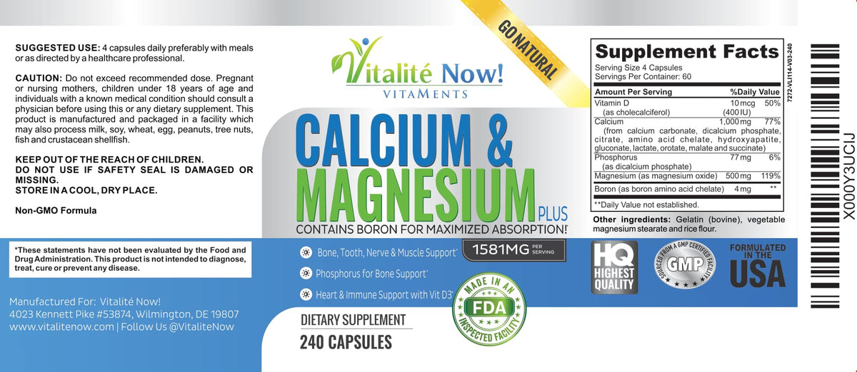 Vitalité Now! Calcium Magnesium Supplement 1000mg with Vitamin D - 240 Capsules - image 5