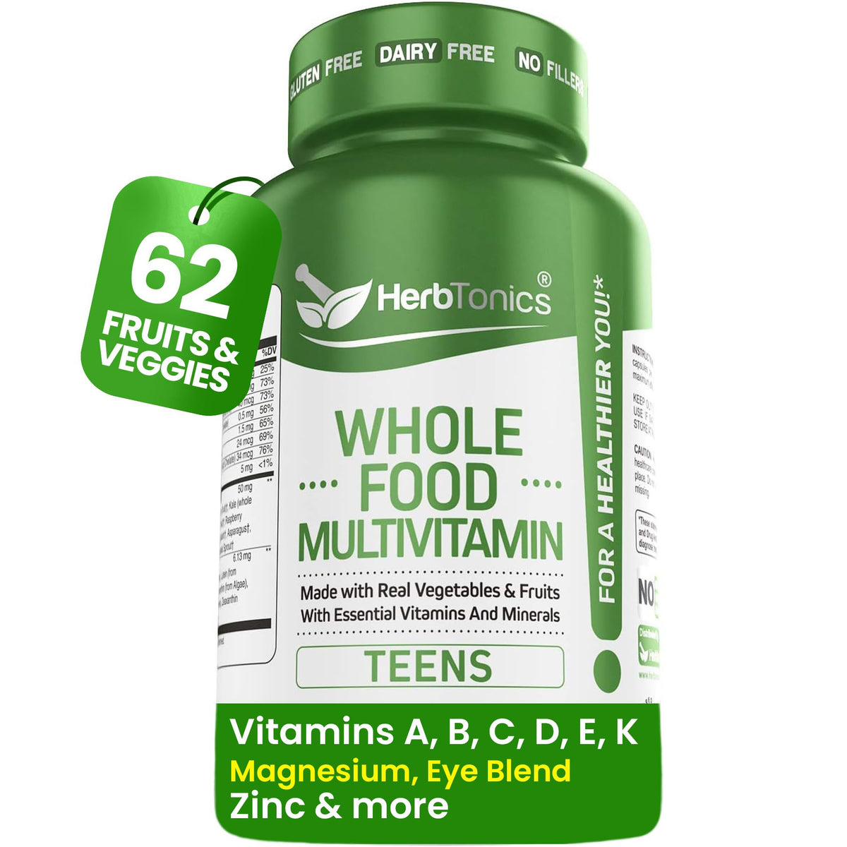 Herbtonics Whole Food Teen Multivitamin for Girls & Boys 12-17 - 60 Capsules