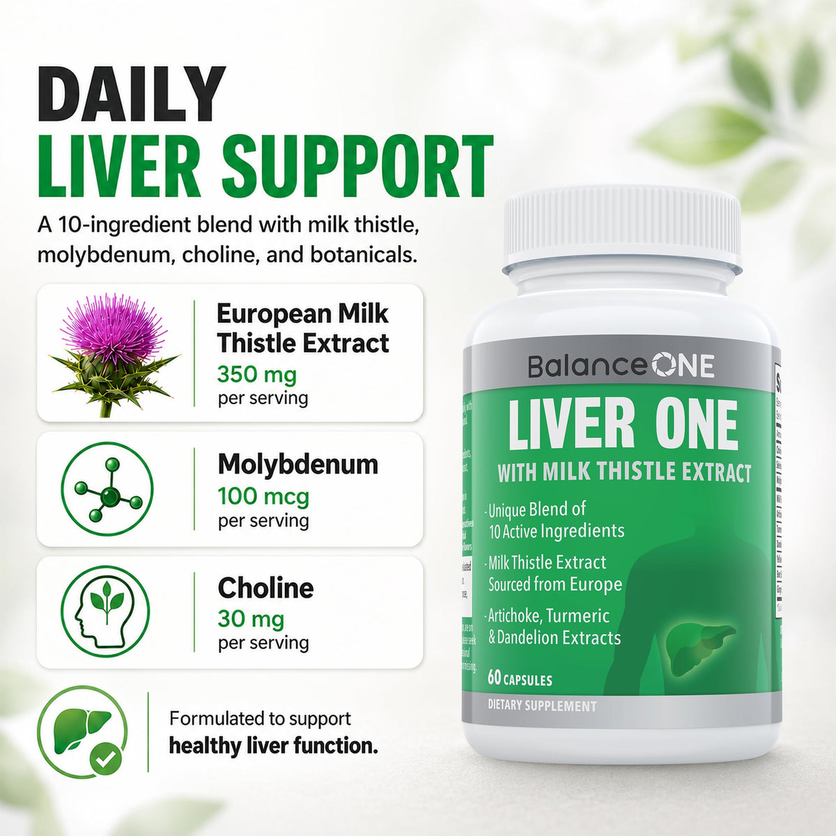Balance ONE Liver Support Supplement with Milk Thistle - 60 Capsules - image 2