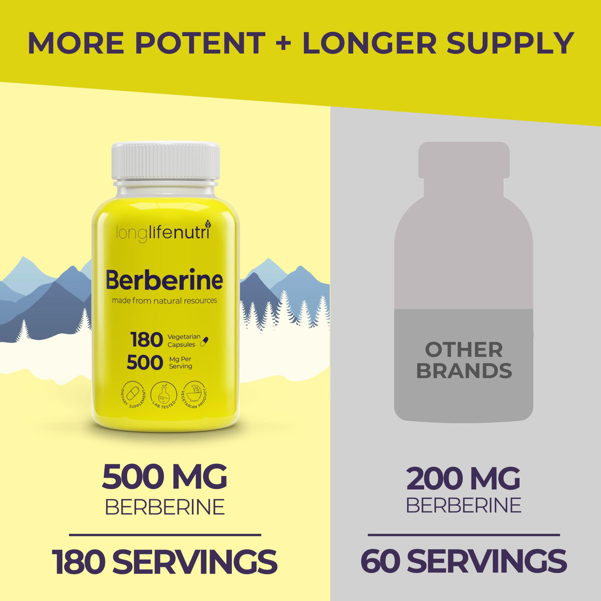 LongLifeNutri Berberine 500mg HCL Extract - 180 Vegetarian Capsules - image 3