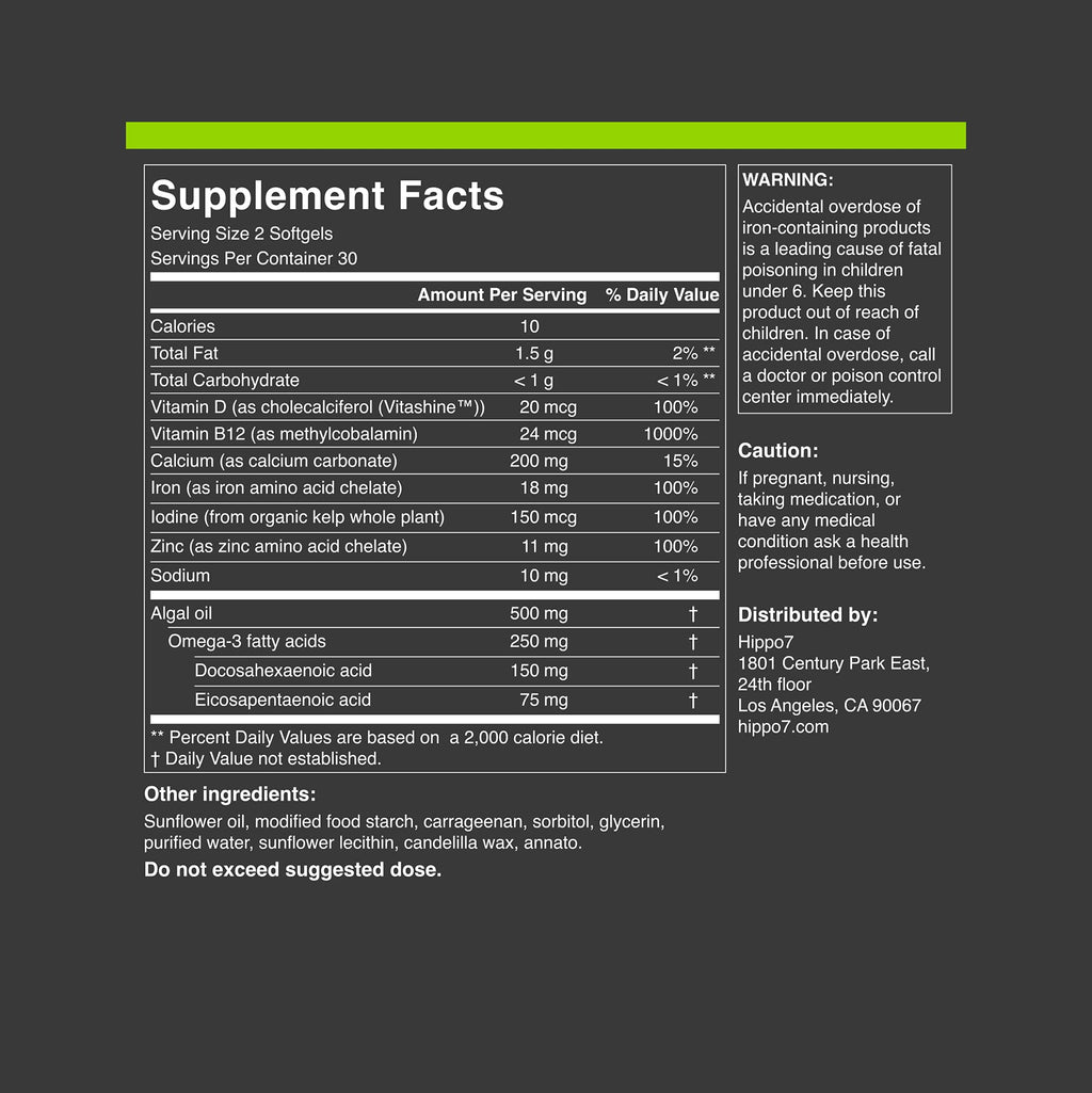 Hippo7 Vegan Complete Multivitamin with B12, D, Omega-3 - 60 Softgels - image 6
