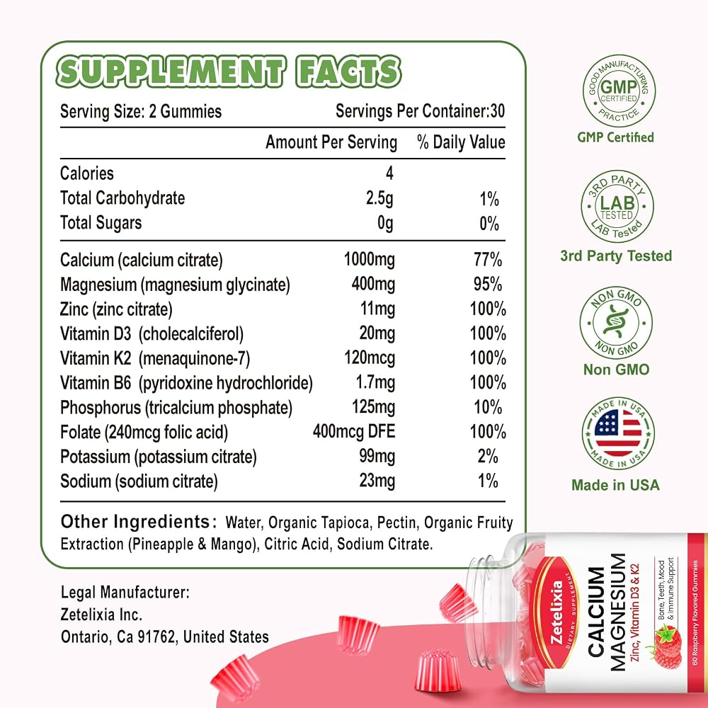 Zetelixia Sugar Free Calcium Magnesium Zinc Gummies