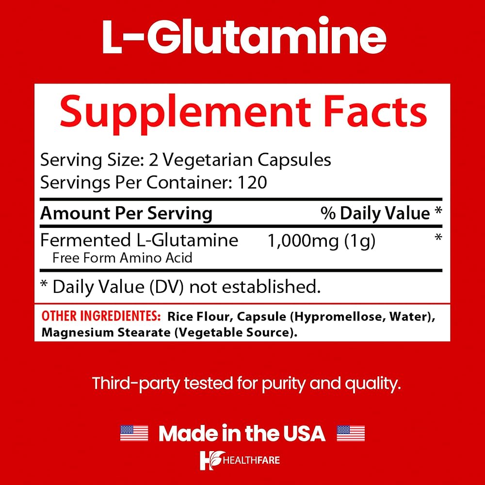 Healthfare L-Glutamine 1000mg Amino Acid - 240 Vegan Capsules - image 3