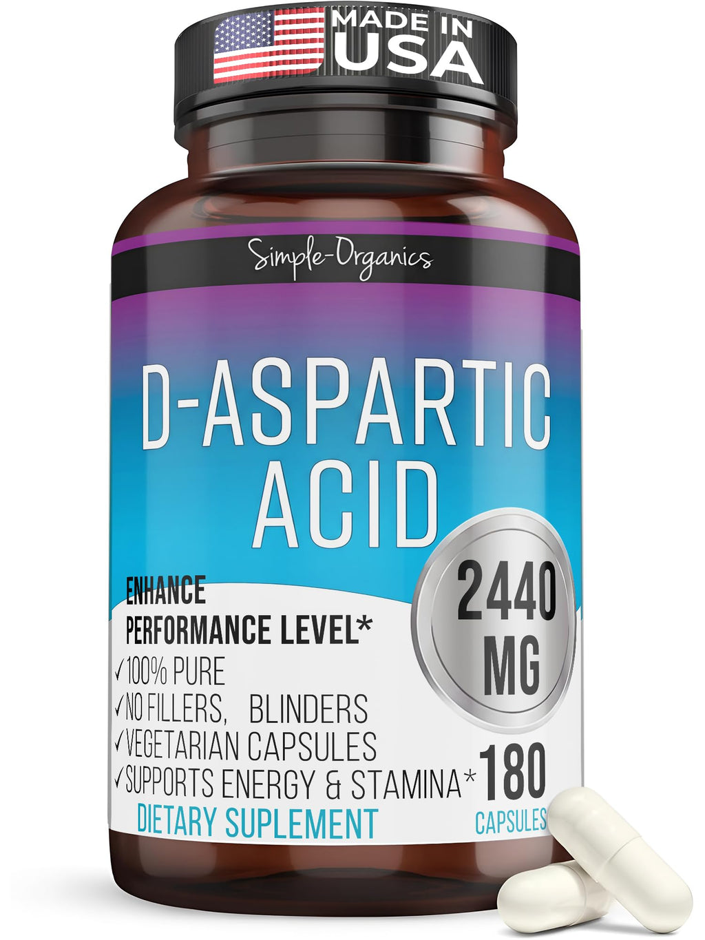 Simple-Organics D-Aspartic Acid Testosterone Support for Men - 180 Capsules