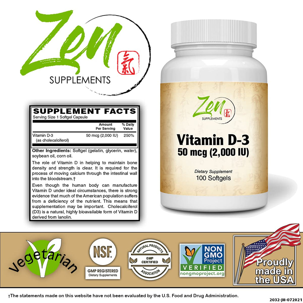 Zen Supplements Vitamin D-3 2000 IU - 100 Softgels - image 2