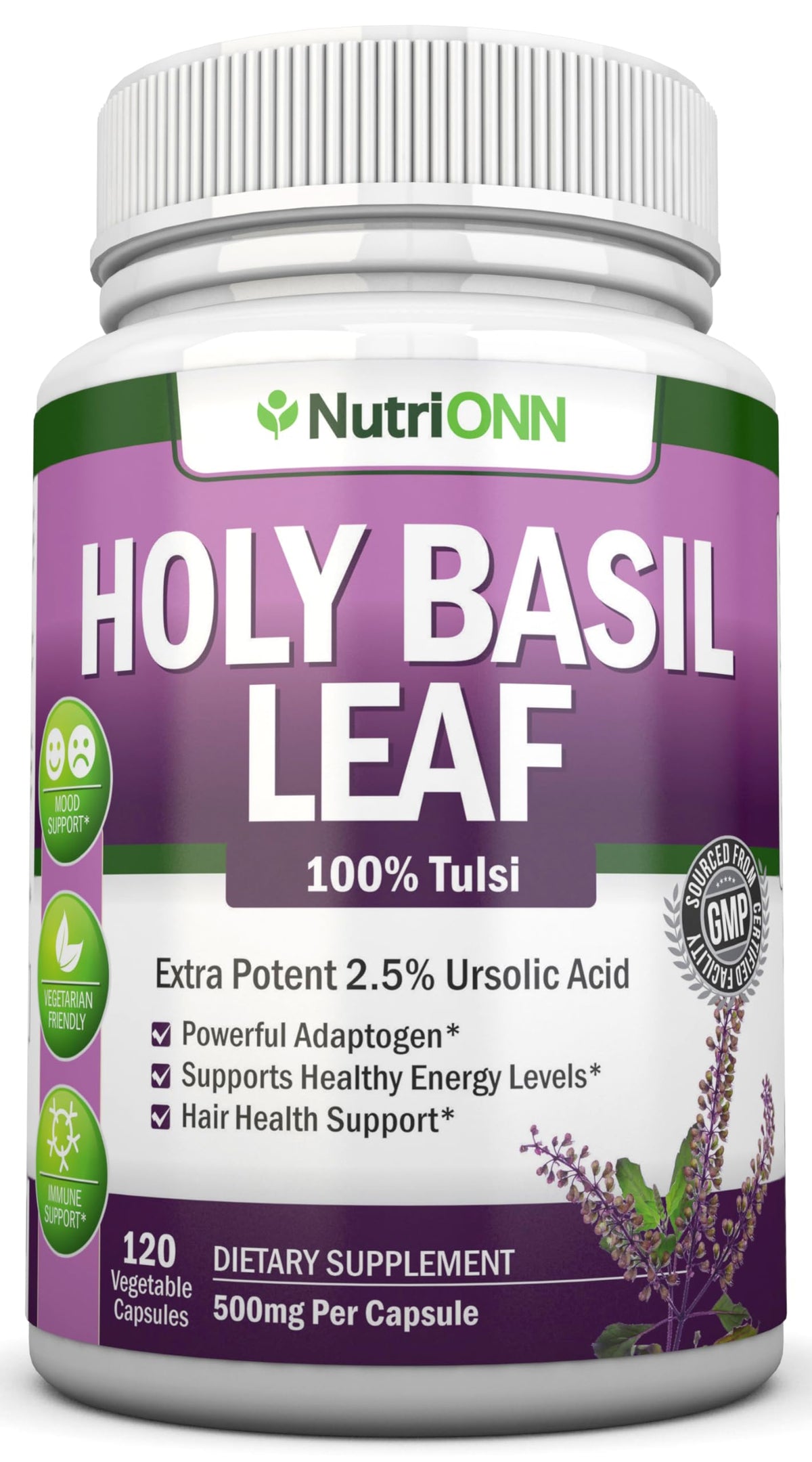 NutriONN Holy Basil Leaf Capsules 500mg Adaptogenic Herb - 120 Vegan Capsules