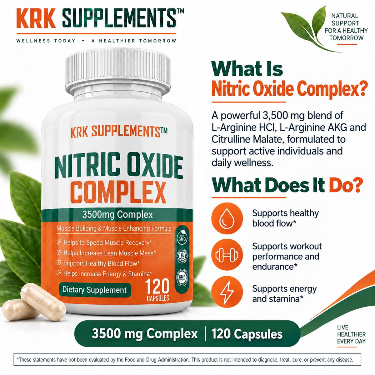 KRK SUPPLEMENTS Nitric Oxide 3500mg L-Arginine Citrulline - 120 Capsules - image 3