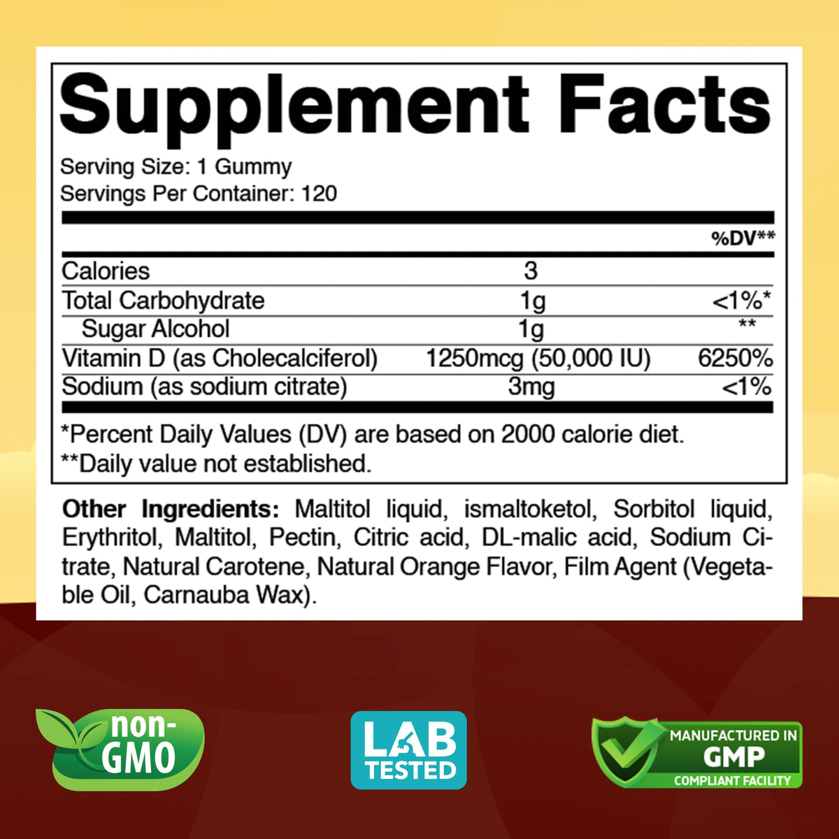 Vitabod Sugar-Free Vitamin D3 50,000 IU Weekly Gummies - 120 Count - image 2