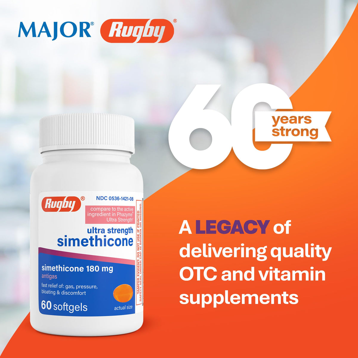 Rugby Ultra Strength Simethicone Gas Relief 180 mg - 60 Softgels - image 2