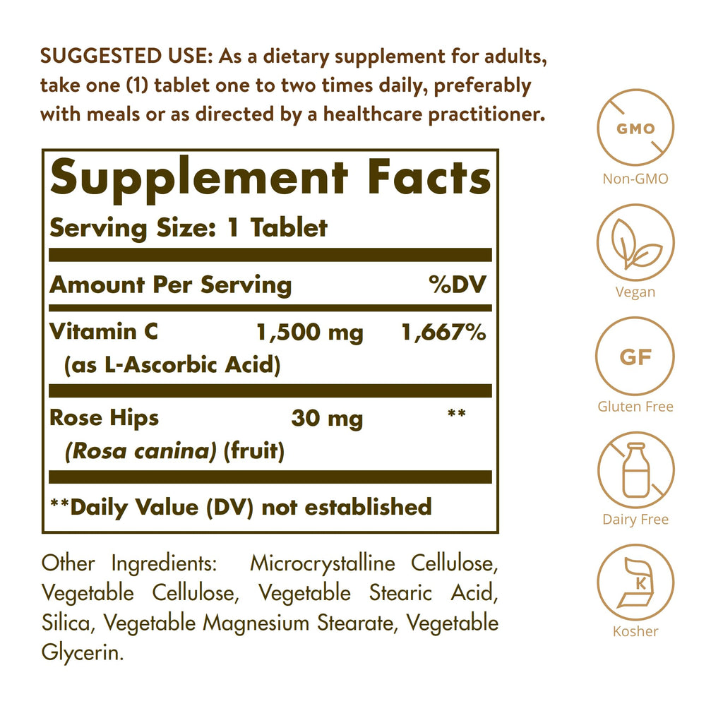 Solgar Vitamin C 1500 mg with Rose Hips - 180 Tablets - image 2