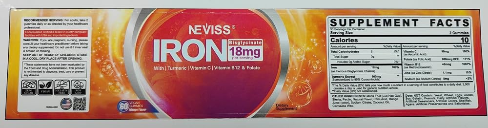 NEVISS Iron Gummies Supplement with Vitamin C, B12, Folate & Turmeric