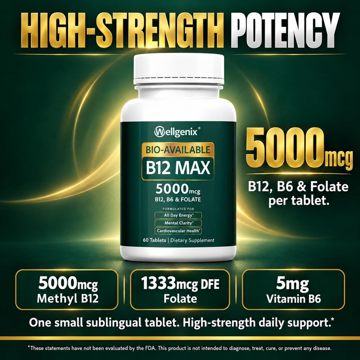 Wellgenix Bio-Available Sublingual B12 Max - Formulated for High