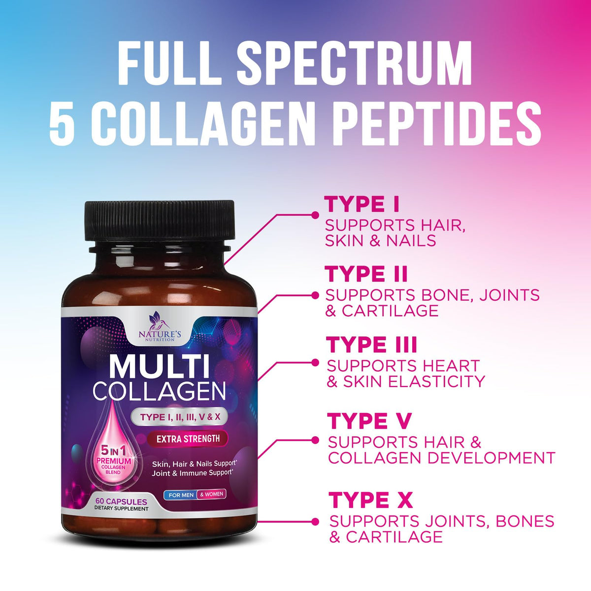Nature's Nutrition Multi Collagen Complex Pills - Hydrolyzed Collagen