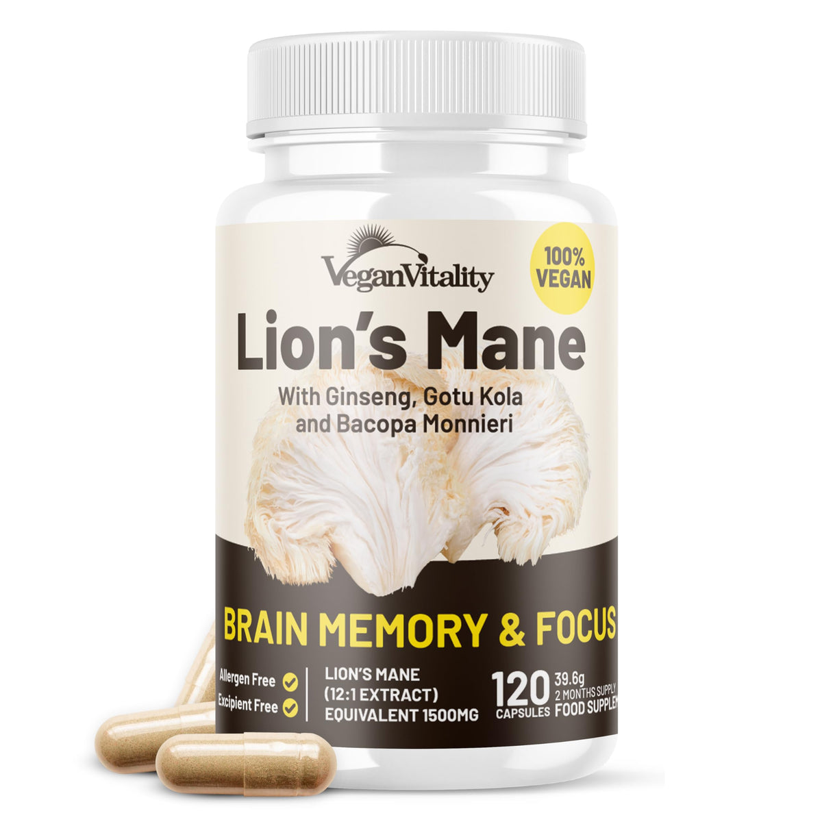 Vegan Vitality Lion's Mane Supplement Brain Support - 120 Capsules