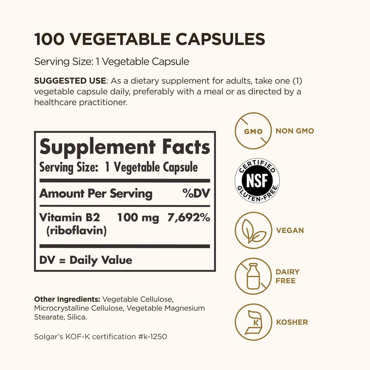 Solgar Vitamin B2 (Riboflavin) 100mg - 100 Vegetarian Capsules - image 2
