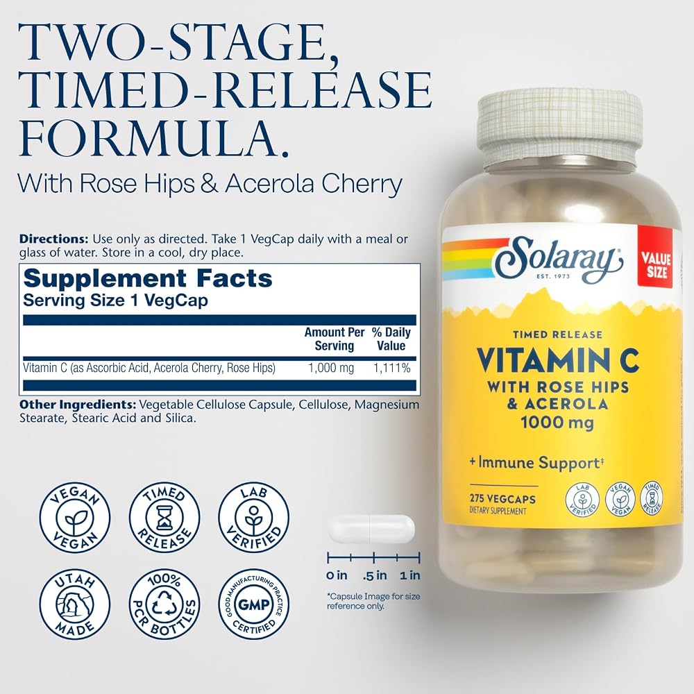 SOLARAY Vitamin C 1000 mg Time Release Vegetarian Capsules - 275 Count - image 2