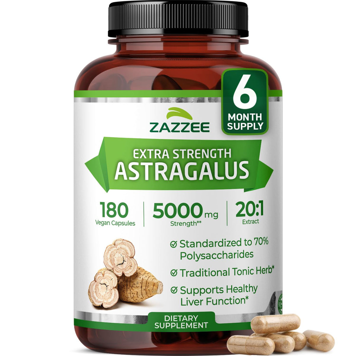 Zazzee Extra Strength Astragalus Root 20:1 Extract - 180 Capsules